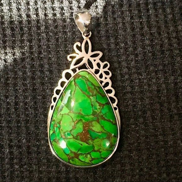 Copper Infused Green Turquoise Sterling Silver Pendant - Picture 1 of 9
